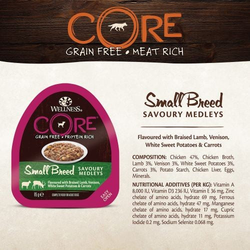 Wellness Core Small Dog Wet Food Savoury Medleys with Lamb, Venison, Sweet Potato and Carrots Grain Free 12 x 85g